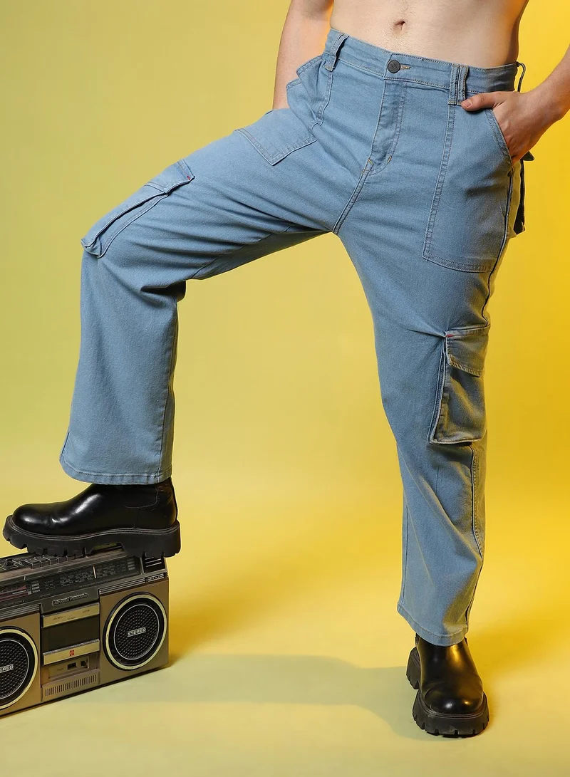 كامبوس سوترا Men's Light Blue Utility Cargo Denim Jeans For Everyday Wear | Light-Wash |  Button Closure | Regular Fit | Denim Jeans Crafted With Comfort Fit For Everyday Wear